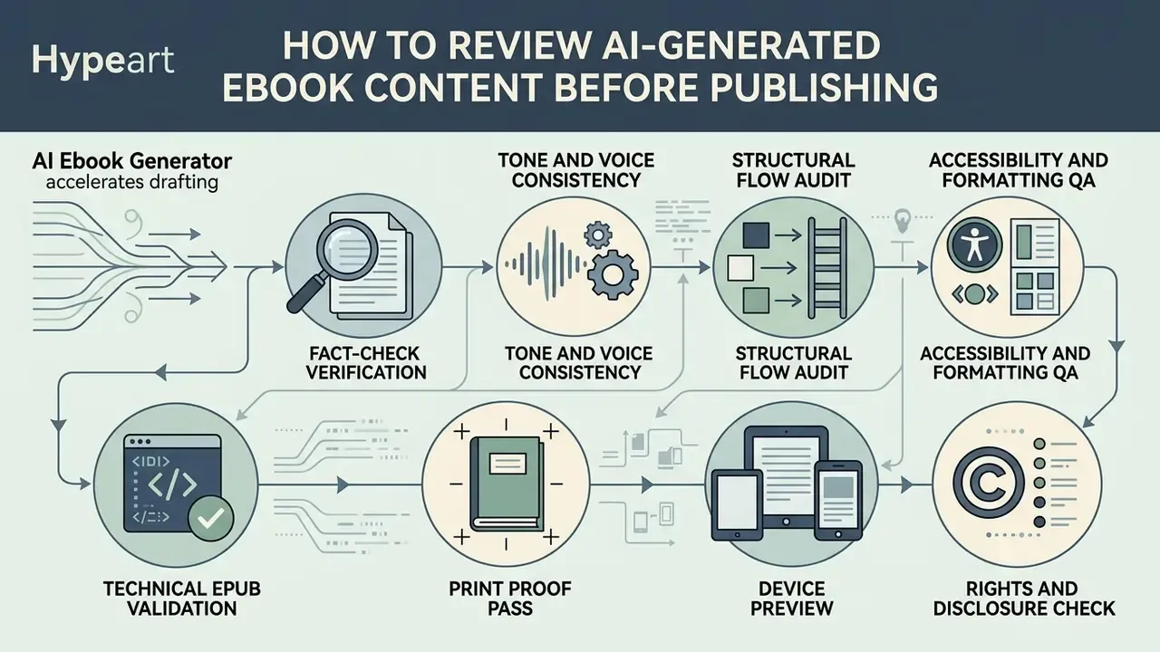 Circular icons illustrating a sequential quality assurance process for digital book production