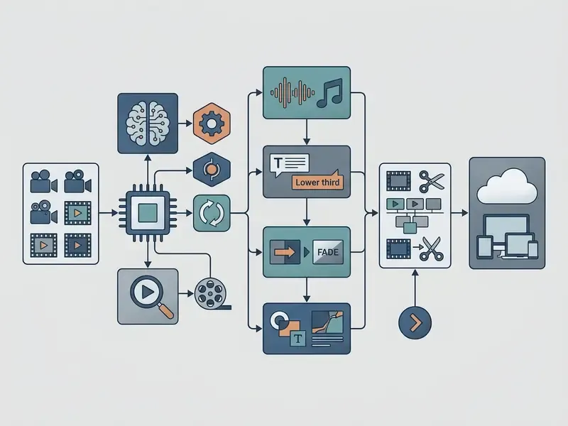 Flowchart depicting media processing steps from raw video input to AI analysis, editing, and cloud storage