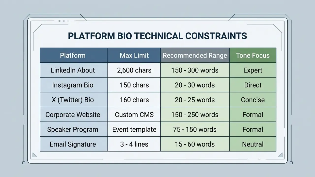Table listing character limits, word counts, and tone requirements for professional profile platforms