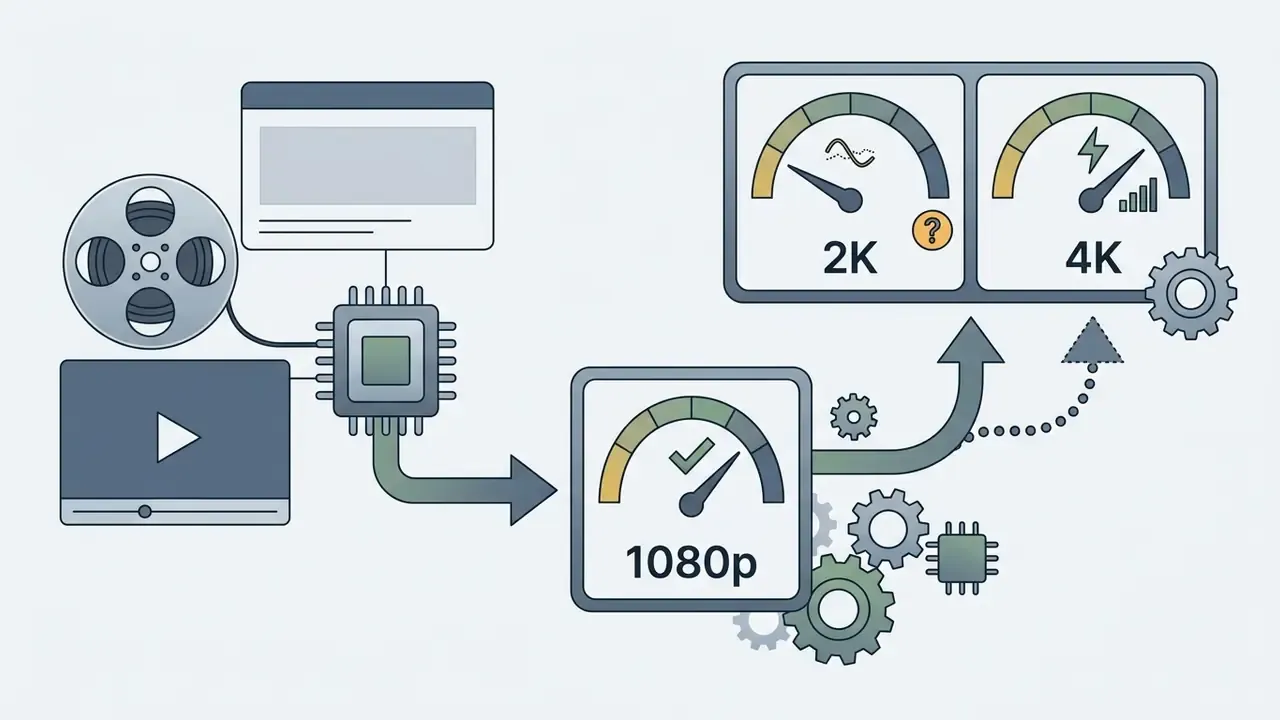 Processor connecting video media to 1080p, 2K, and 4K resolution gauges via a gear-driven workflow