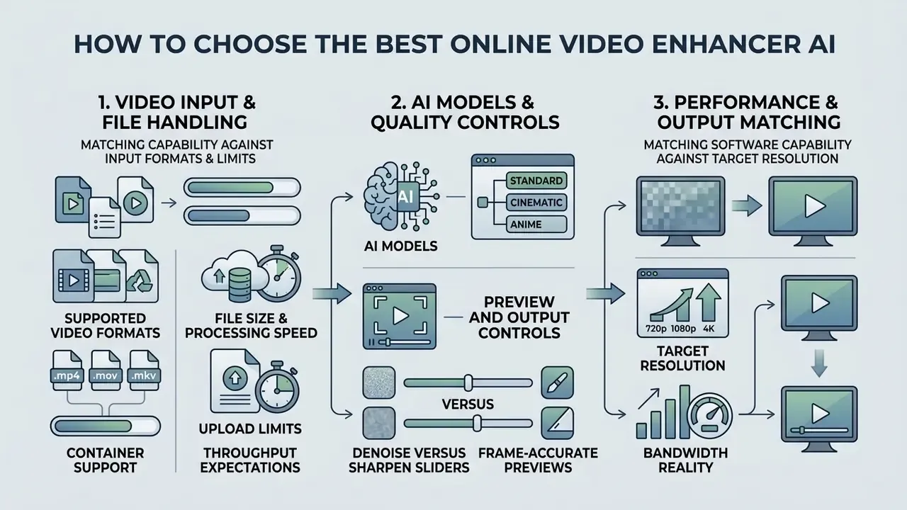 Three step guide for choosing an online video enhancer AI based on file handling, model controls, and output