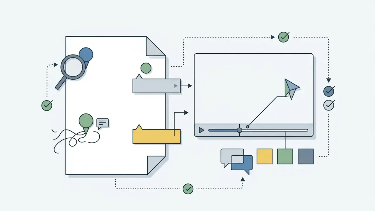 Document and video player icons connected by feedback pins and comment boxes with approval checkmarks