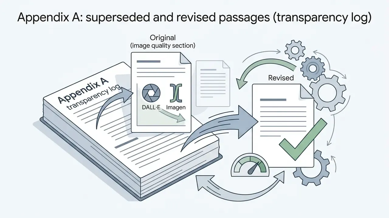 Original and revised text pages connected by arrows to gears and a performance gauge