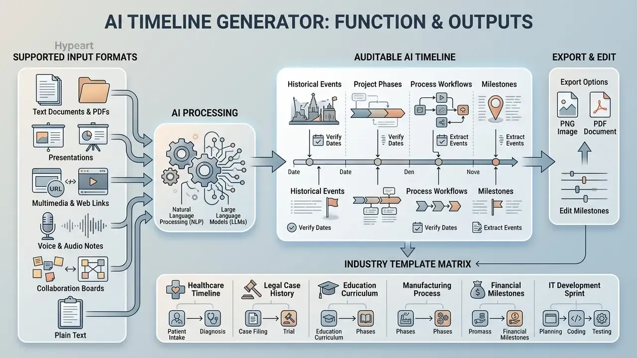 Infographic showing how an AI timeline generator processes various inputs into visual project chronologies