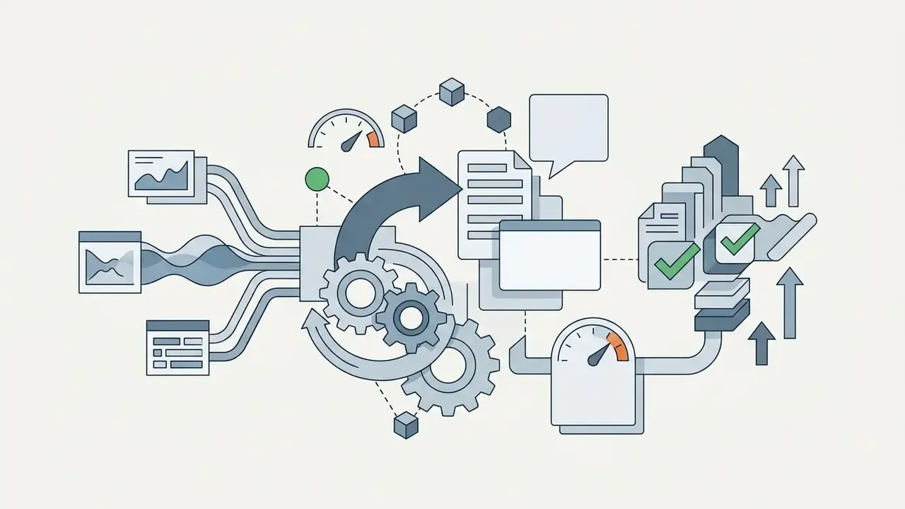 Data inputs merging into mechanical components and gauges to produce documents and growth indicators