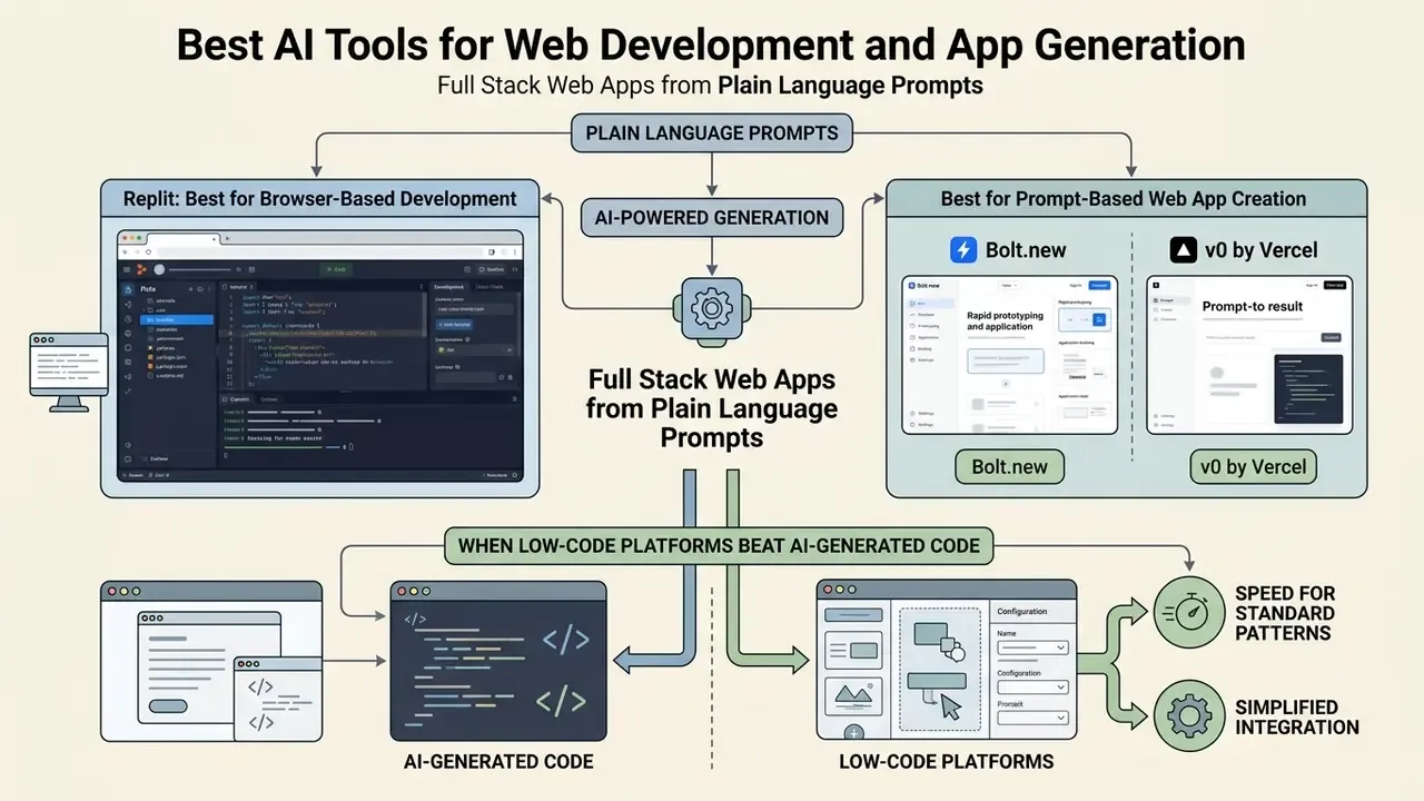 Overview of AI tools for web development comparing Replit, Bolt.new, and v0 for app generation