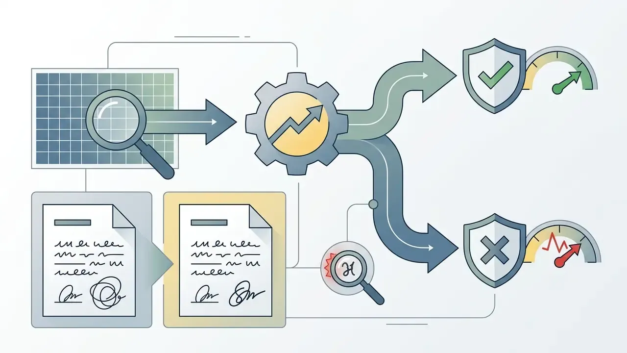 Process flow showing document analysis and validation leading to either success or failure outcomes