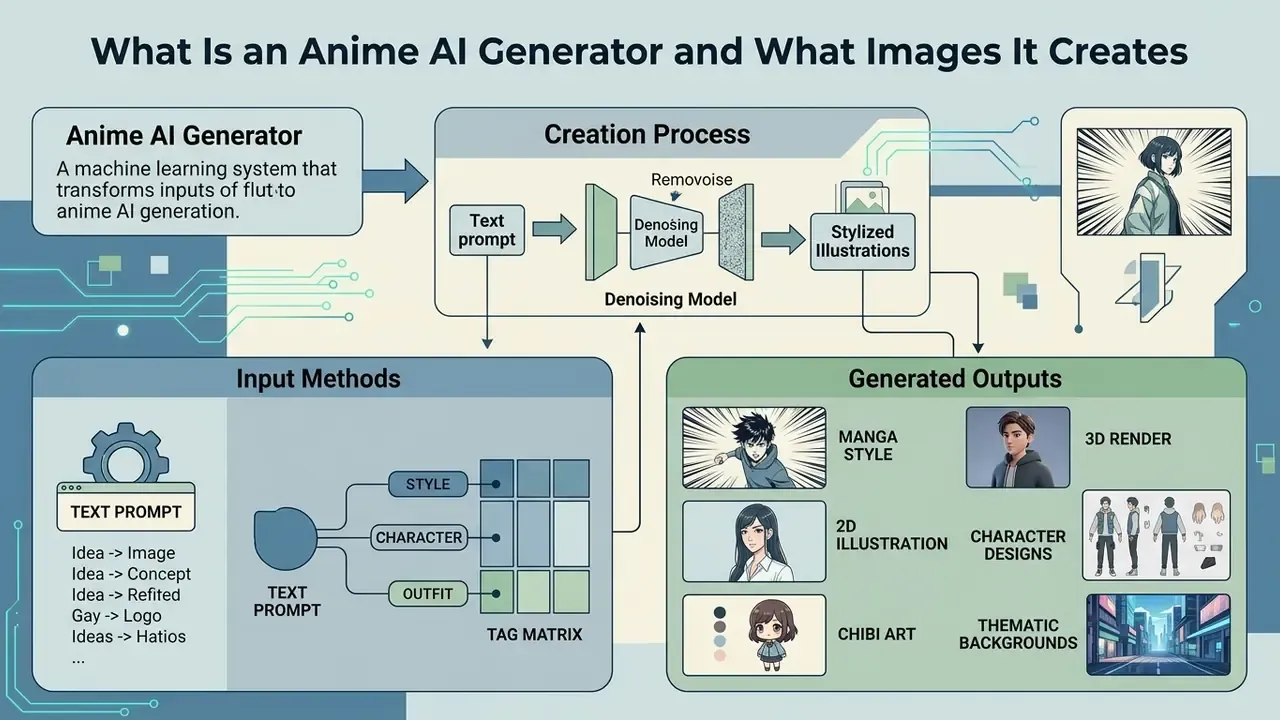 Infographic showing the technical workflow of an anime AI generator from text prompts to final outputs