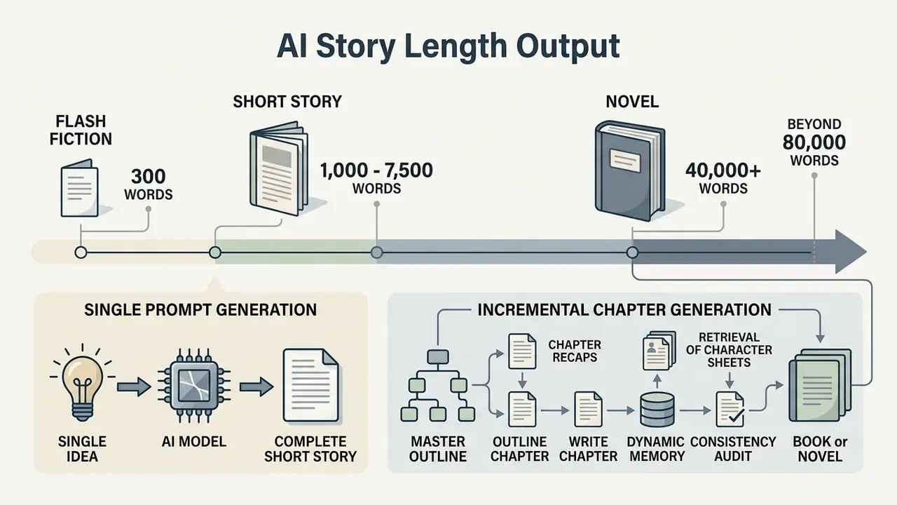 Timeline showing AI output lengths from short stories to novels and methods for narrative generation
