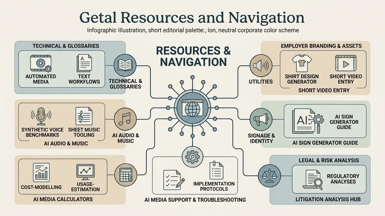 Centralized hub diagram connecting technical glossaries, media tools, and legal analysis resources
