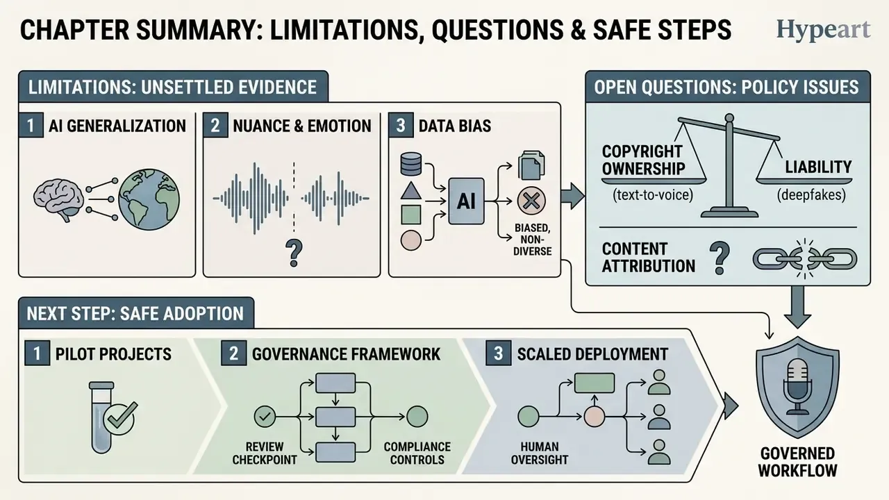 Summary of AI limitations, policy issues, and a three-stage framework for safe podcast production