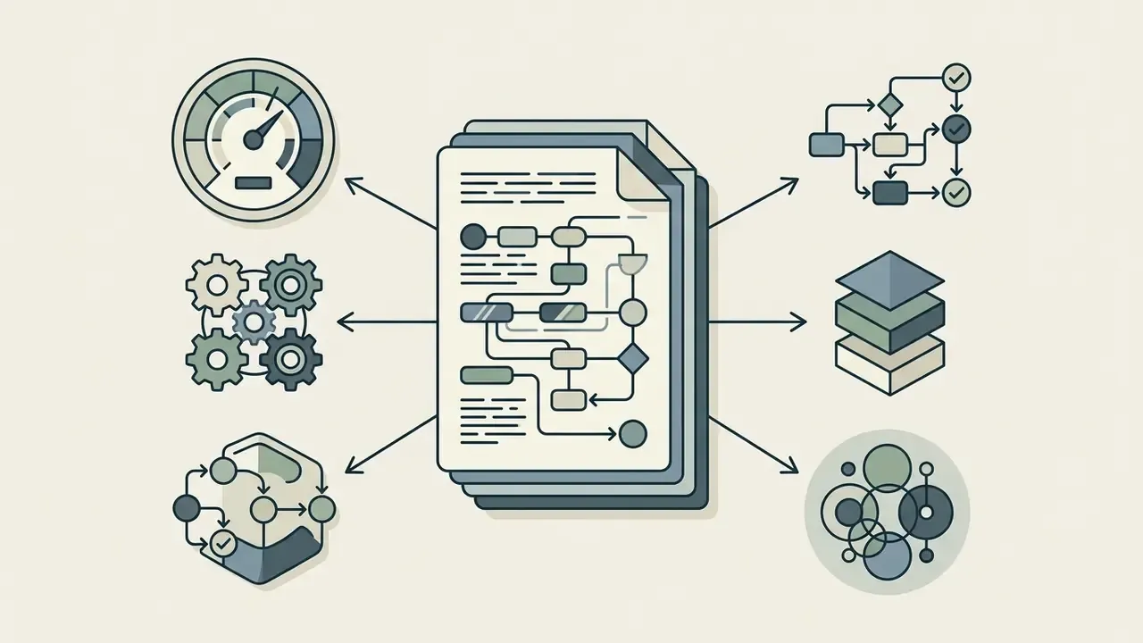 Stack of documents with logic paths branching out to icons representing speed, gears, and data layers