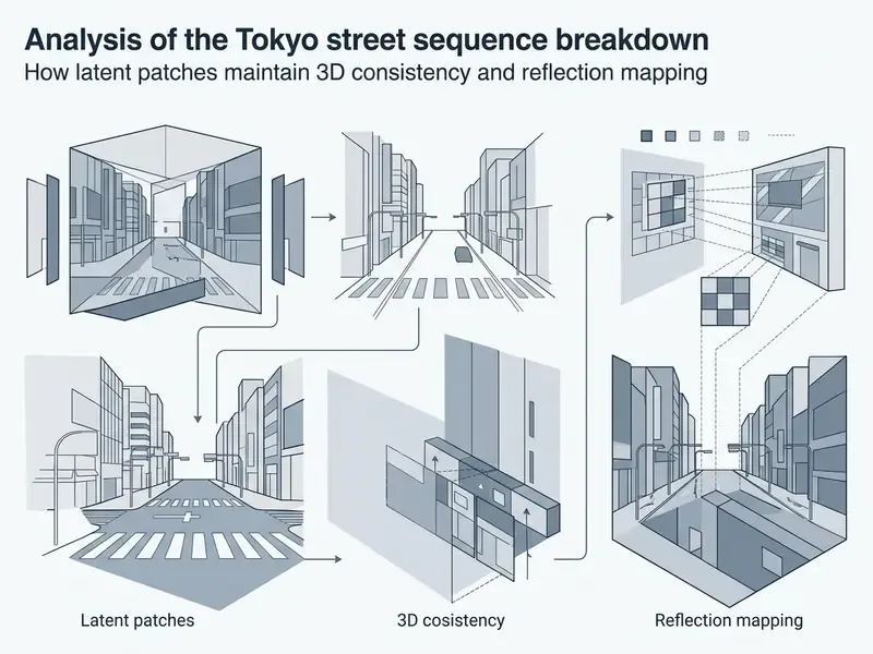 Infographic showing how latent patches maintain 3D consistency and reflection mapping in Tokyo street scenes