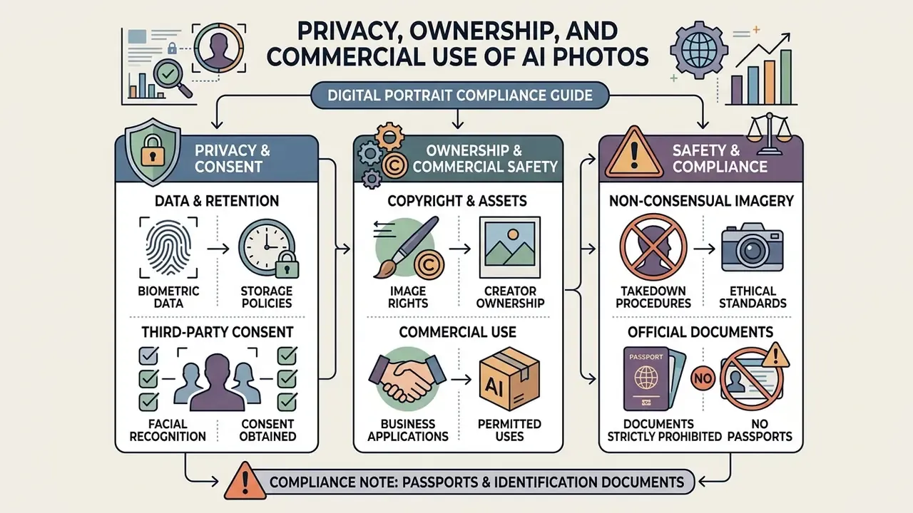 Infographic summarizing legal and ethical considerations for AI image generation and data handling