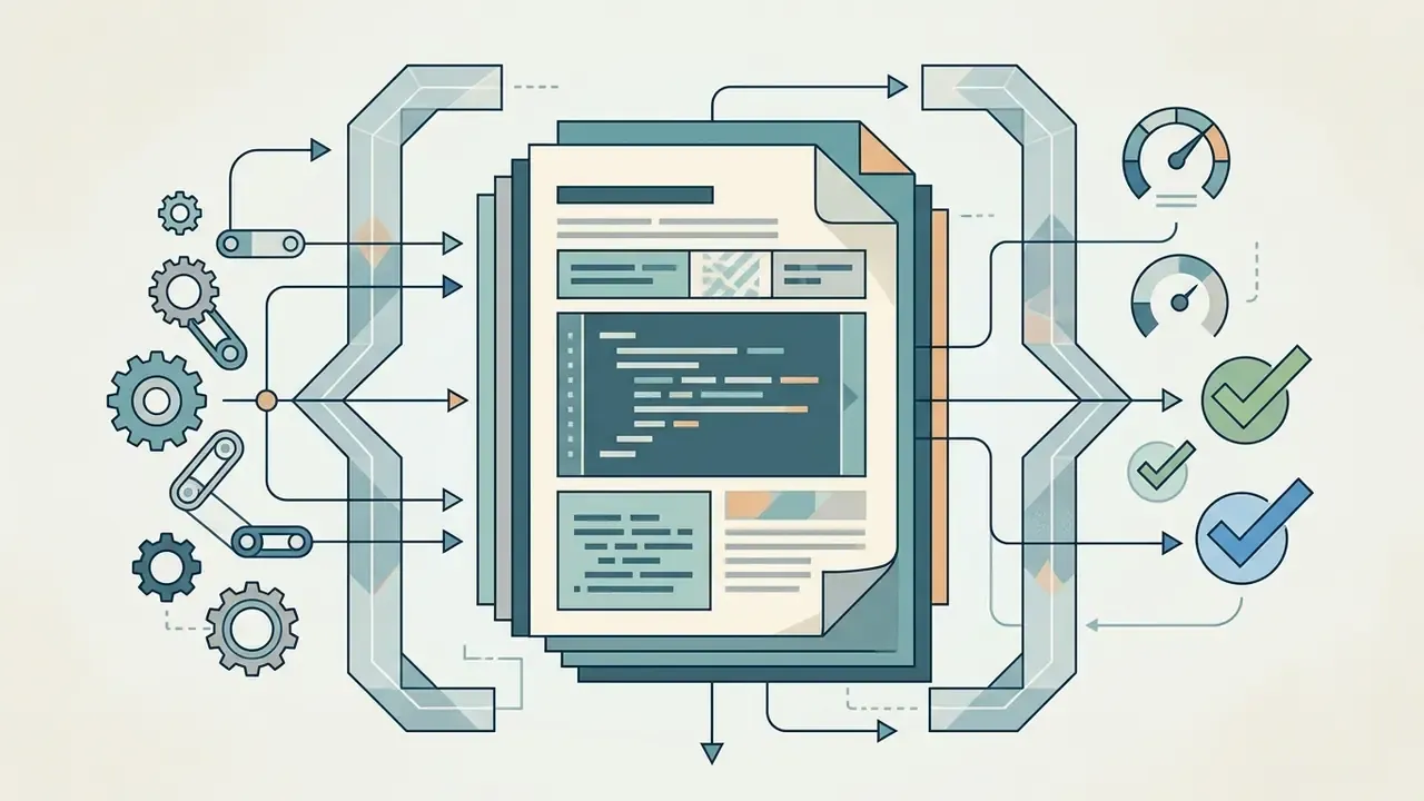 Code document surrounded by gears and speed gauges that flow into checkmark icons