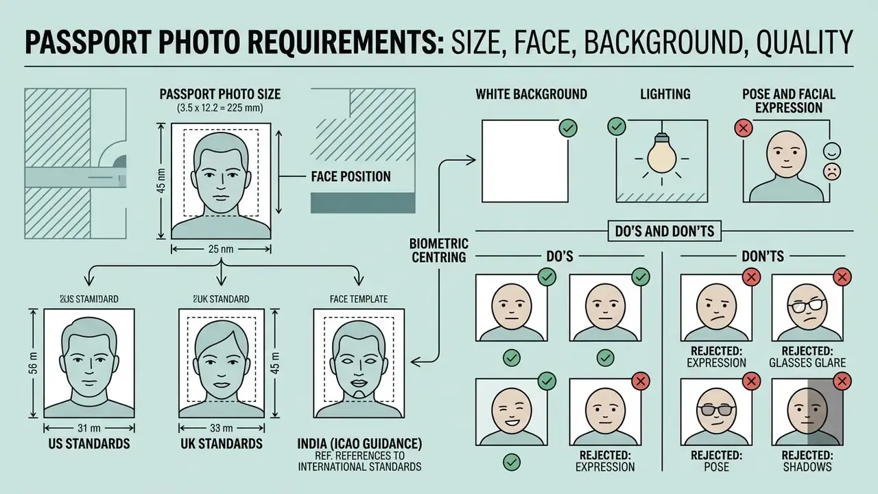 Infographic detailing passport photo standards for dimensions, facial alignment, lighting, and common rejections