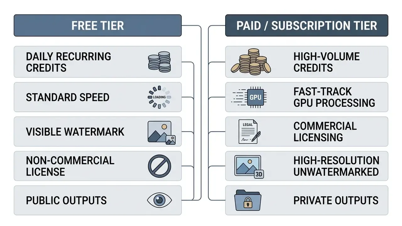 Side by side comparison of features for free and paid subscription service tiers using icons and text