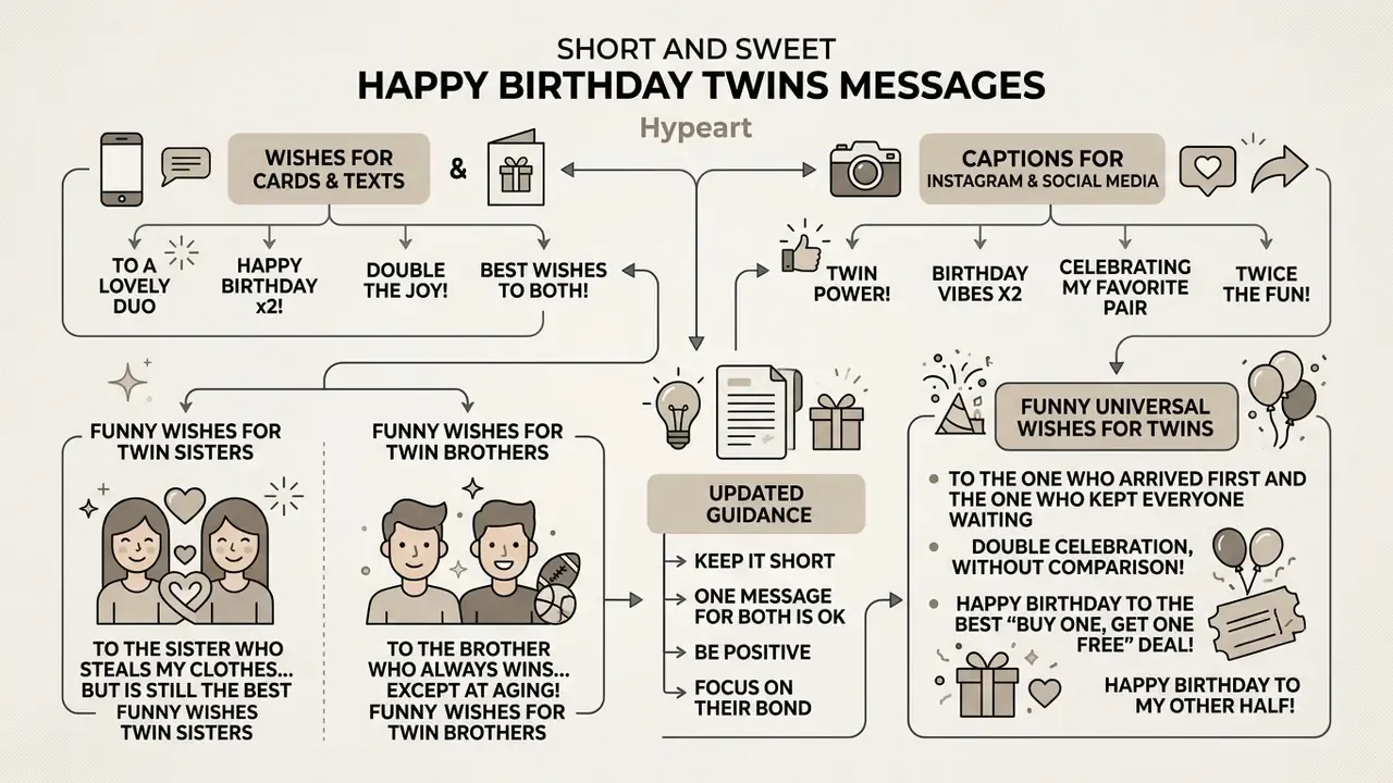 Flowchart displaying diverse categories and examples for writing happy birthday twins messages