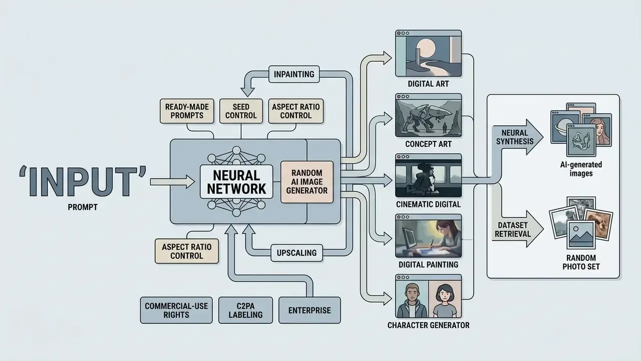 Flowchart showing how a text prompt processes through a neural network to create various digital art styles