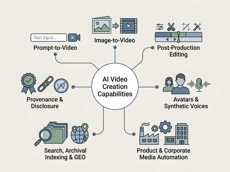 Mind map showing seven core technical domains for AI video creation capabilities