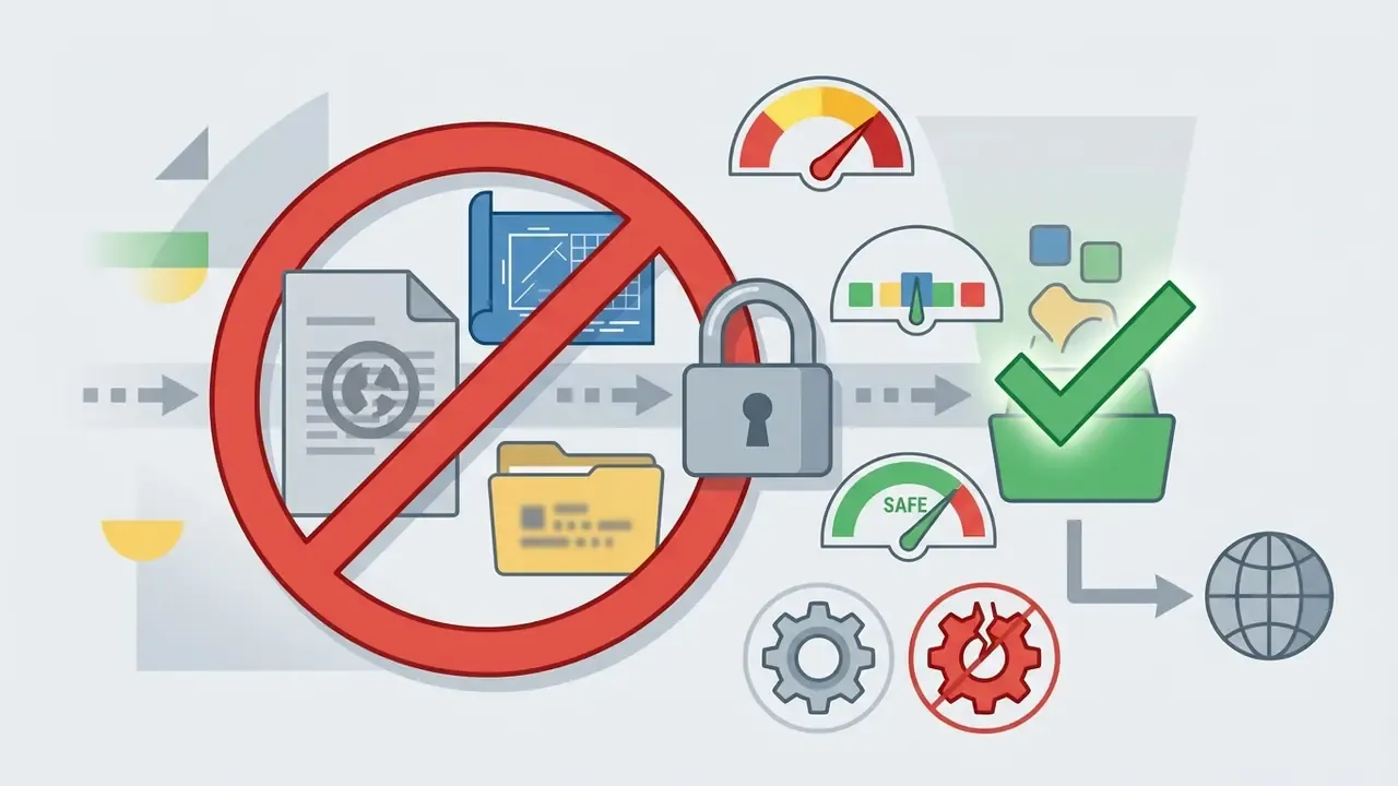 Prohibition sign over documents and a padlock next to a green checkmark indicating safe data handling