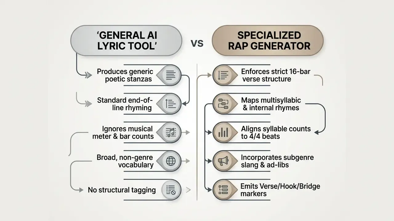 Side by side list of functional differences between a general lyric tool and a specialized rap generator
