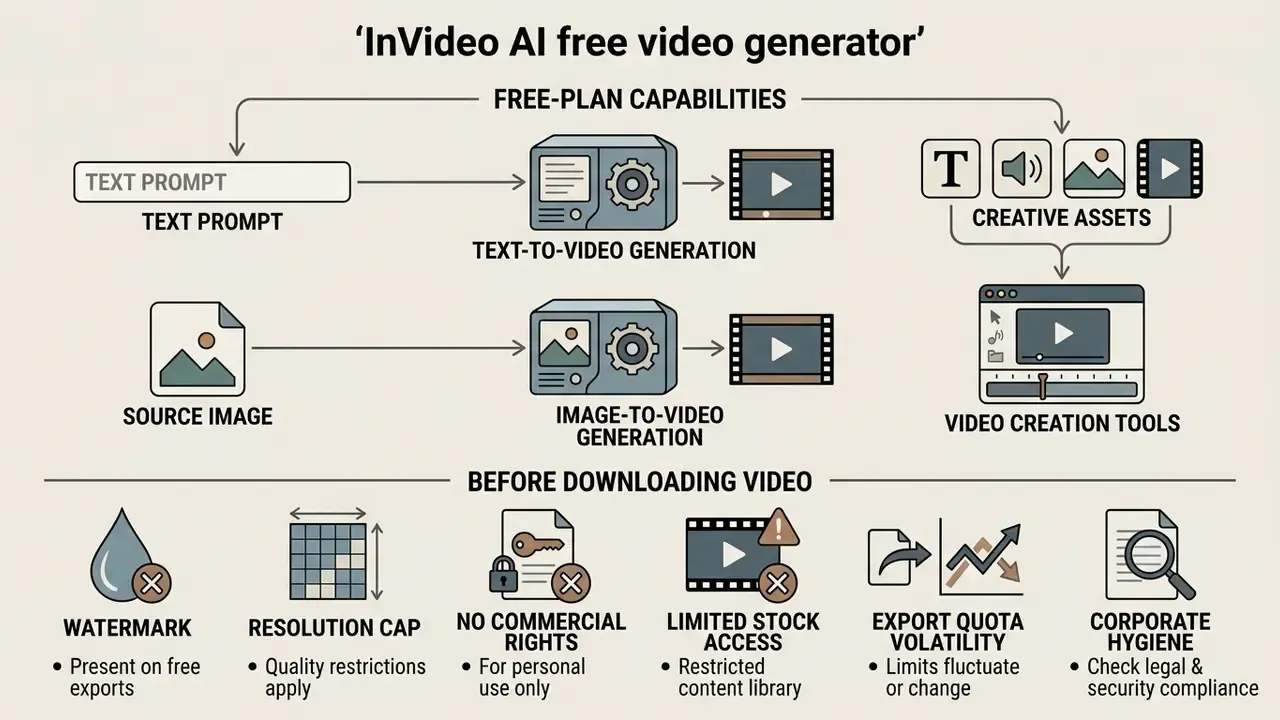 Infographic detailing free InVideo AI features and limitations like watermarks and export restrictions