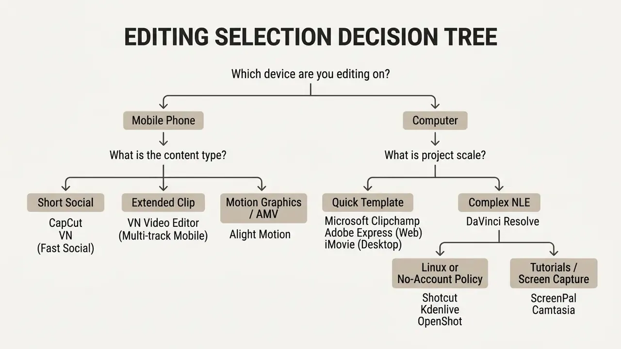 Decision tree flowchart mapping device and project requirements to recommended video editing software