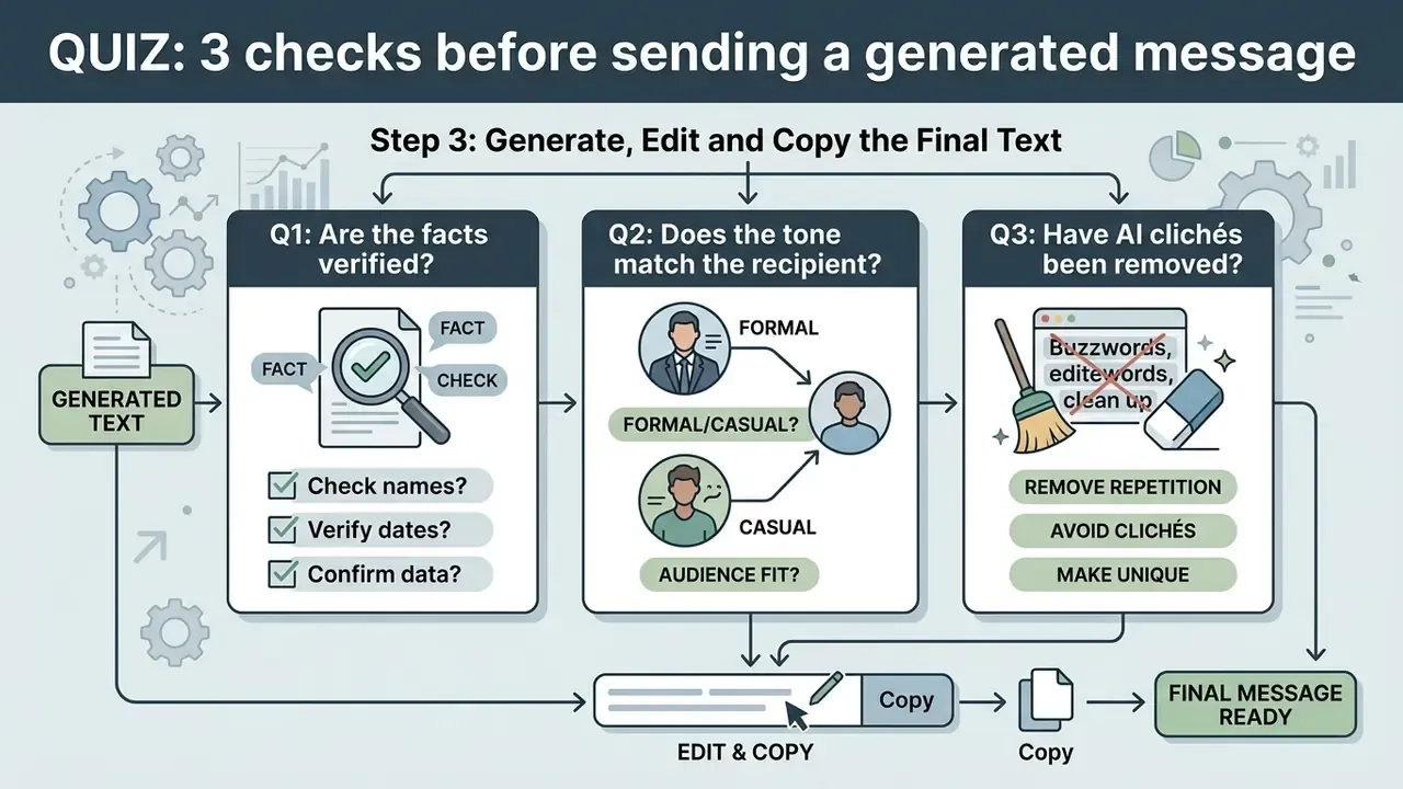Three-step checklist evaluating facts, tone, and language quality before finalizing written content