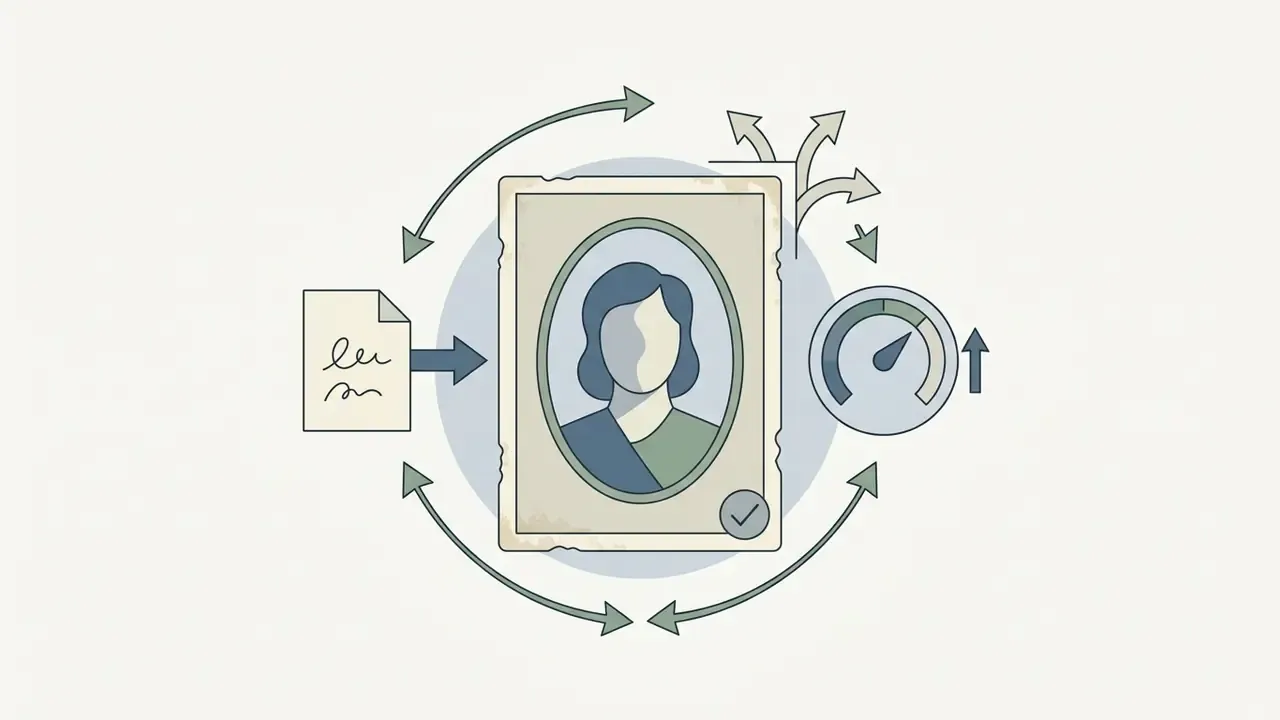 Vintage portrait framed in a circle surrounded by a circular arrow, a document icon, and a gauge
