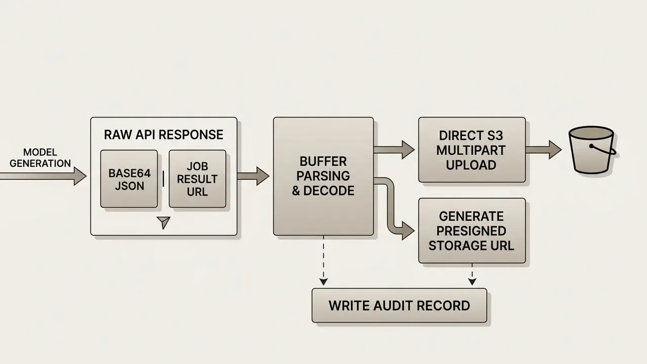 Process flow from raw API response through buffer parsing to S3 upload and audit record creation