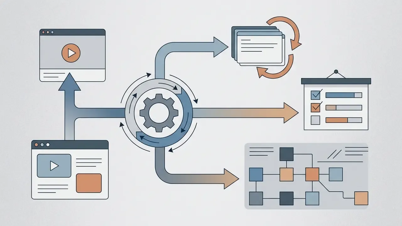 Video inputs feeding into a central gear processor to generate flashcards, progress trackers, and maps
