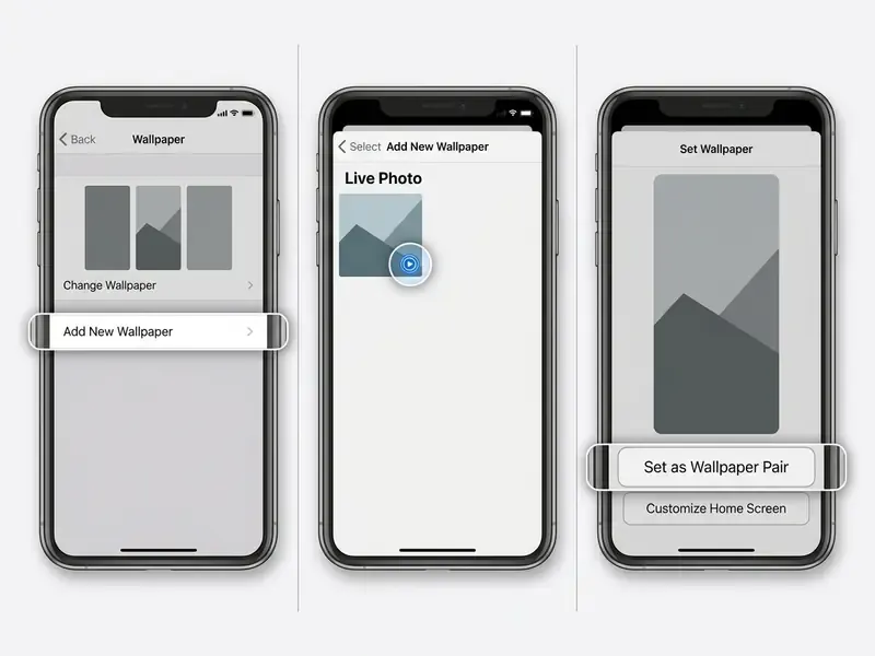 Three smartphone screens showing the process to add and set a new Live Photo wallpaper