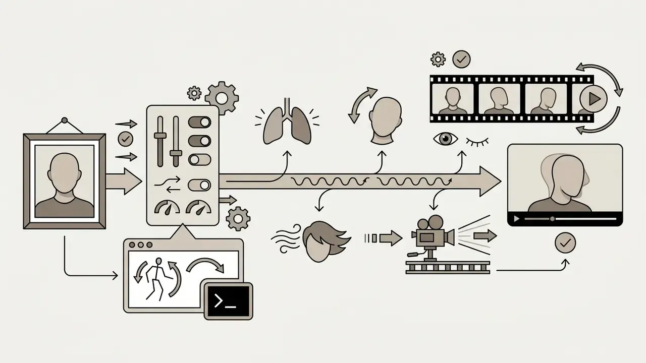 Static portrait entering a motion controller to animate breathing, head movement, and camera effects