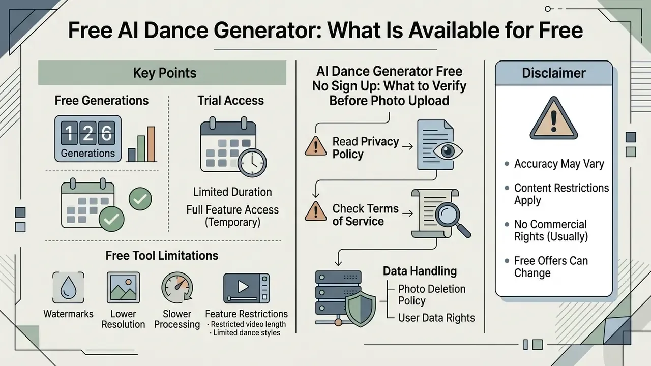 Summary of free AI dance generator features, usage precautions, and common service limitations