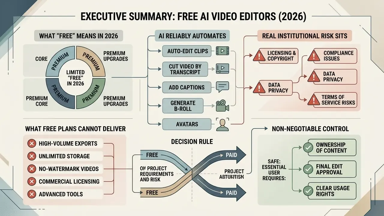 Infographic showing the limitations, risks, and automation capabilities of free AI video editor software