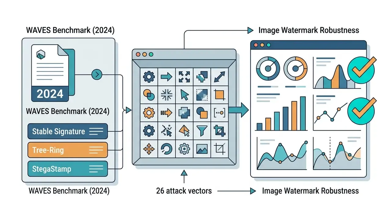 Benchmark report processing watermark methods through a grid of attack vectors to display robust results