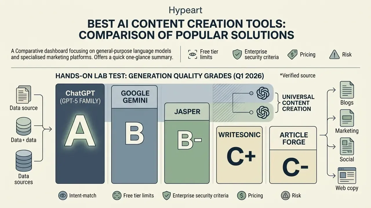 Comparison chart showing letter grades for language models like ChatGPT, Google Gemini, and Jasper