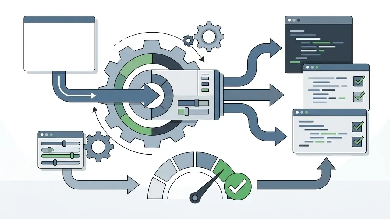 Central gear mechanism processing inputs into code blocks and validated output windows