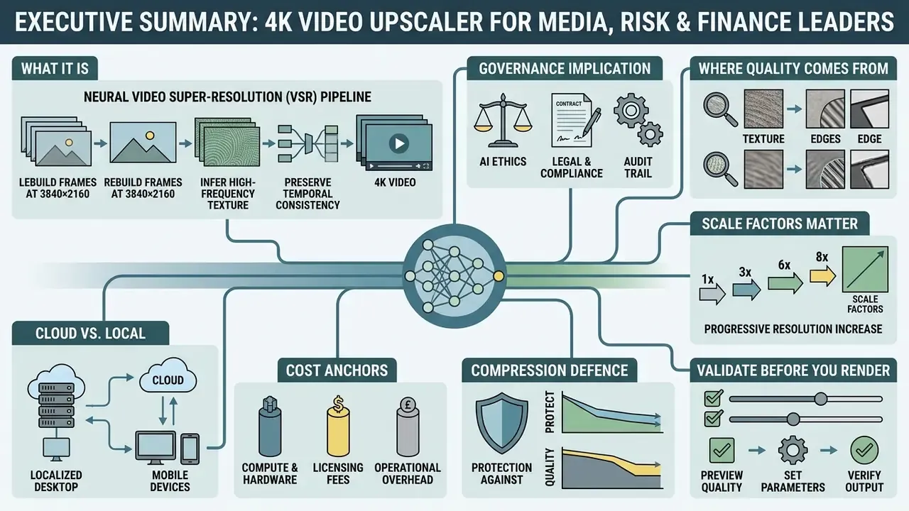Infographic showing a 4K video upscaler pipeline connected to governance, quality, and cost considerations