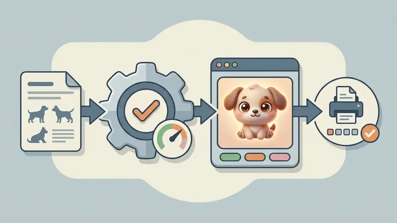 Sequence showing a document with dog silhouettes processed through a gear and printer to create a chibi puppy