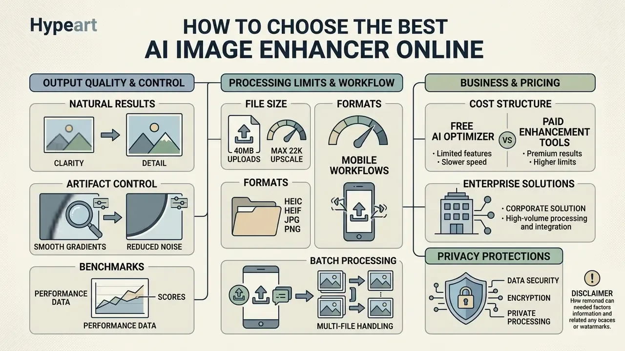 Flowchart outlining criteria like output quality, processing limits, pricing, and privacy for software