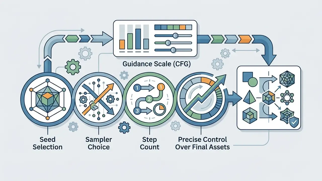 Circular icons representing seed, sampler, and step parameters leading to asset refinement controls