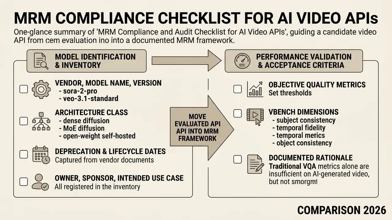 Checklist for moving an AI Video API into a documented MRM framework covering inventory and validation