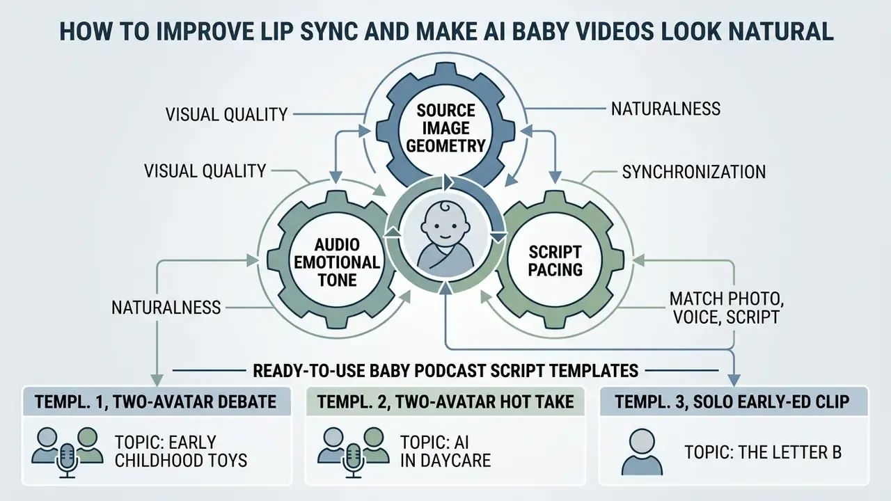 Three interlocking gears representing source image geometry, audio tone, and script pacing for AI baby videos