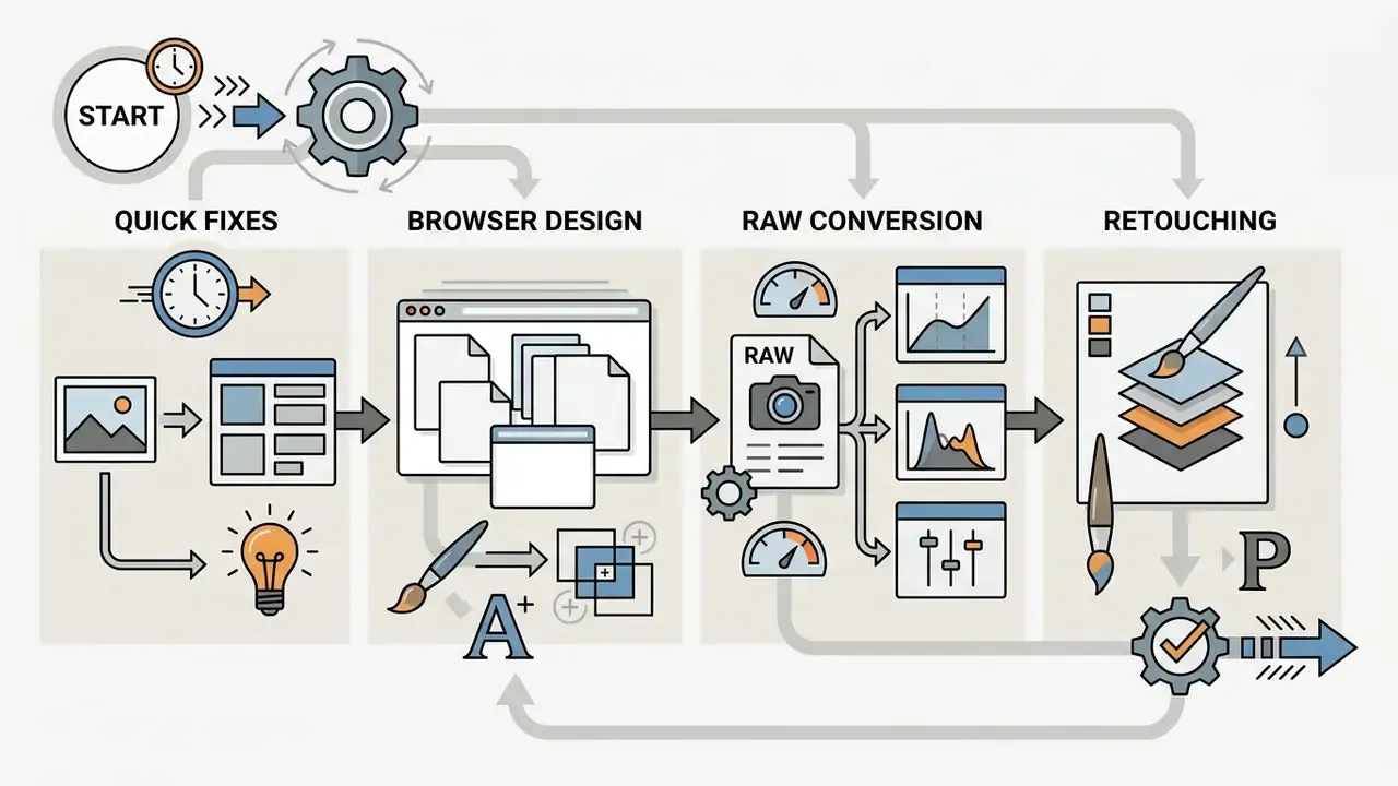 Four sequential stages for processing digital images from quick fixes to browser design and retouching