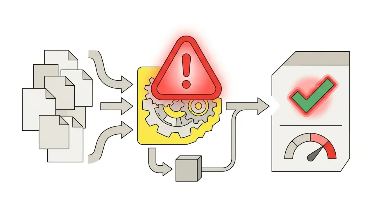 Stack of pages entering a gear mechanism marked with a warning triangle to produce a validated report