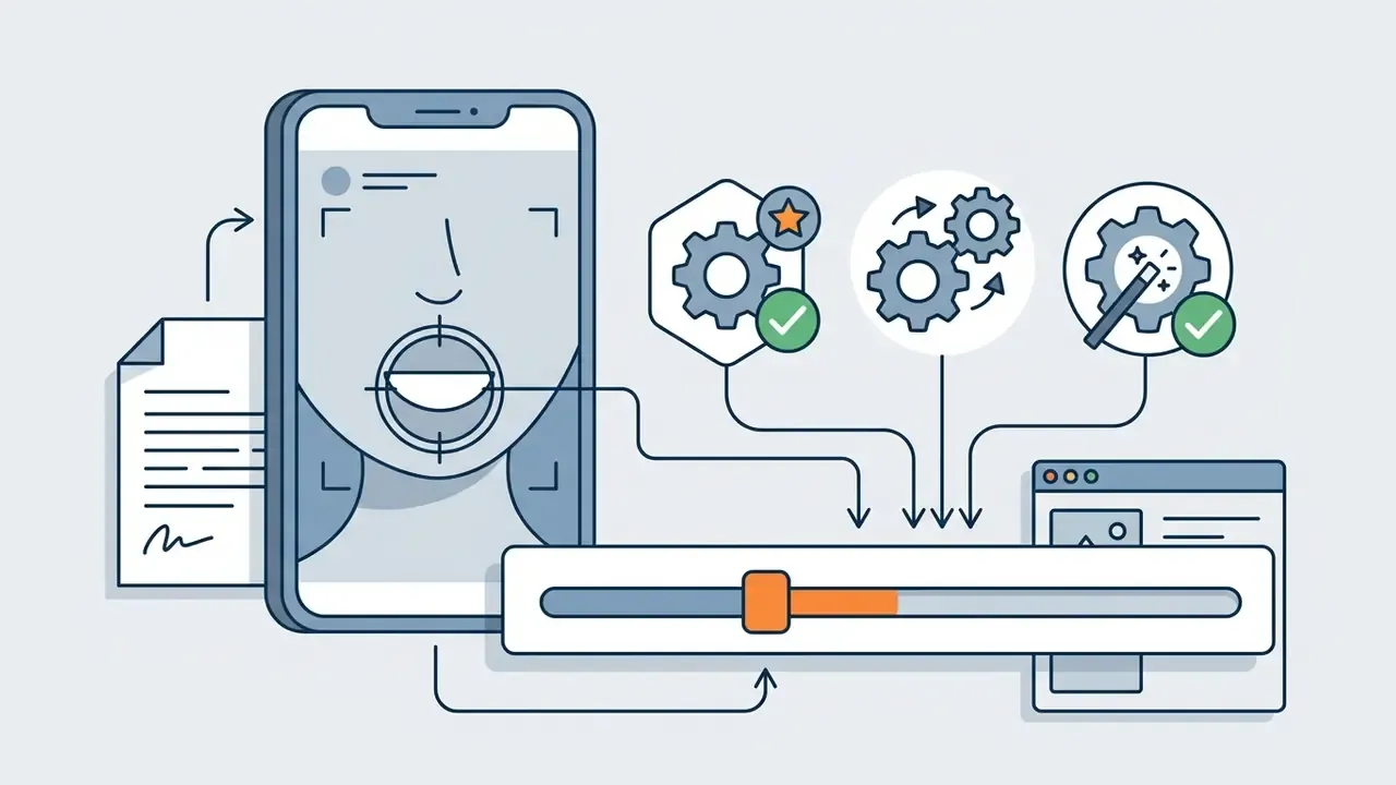 Smartphone screen with facial recognition targeting a mouth linked to gear icons and an intensity slider