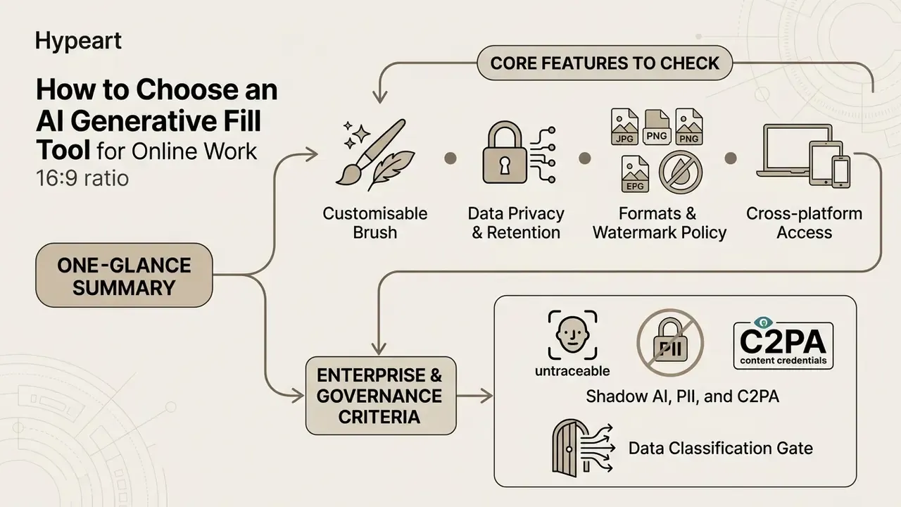 Flowchart outlining essential features and governance criteria for selecting generative editing software