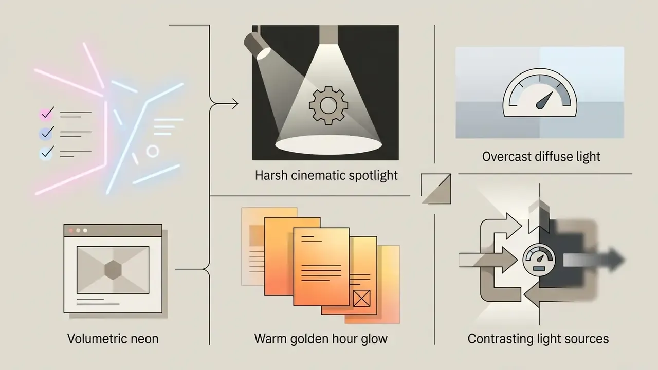Icons representing lighting styles like cinematic spotlights and neon glows connected to a central process